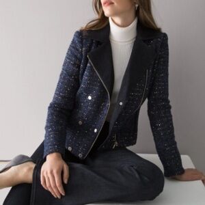 WHBM Women’s 00 Navy Quintessential Lurex Sequin Tweed Moto Jacket Blazer in EUC
